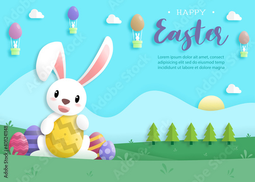 Happy easter day in paper art style with rabbit and easter eggs. greeting card  posters and wallpaper. Vector illustration.