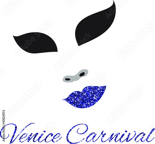 Minimalist carnival mask with glittered elements. Design for Venetian carnival invitation flyers. 