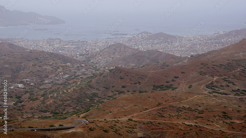 the view of Mindelo from the middle part of the hike up to the Monte Verde, on the island Santo Antao, Cabo Verde, in the month of December