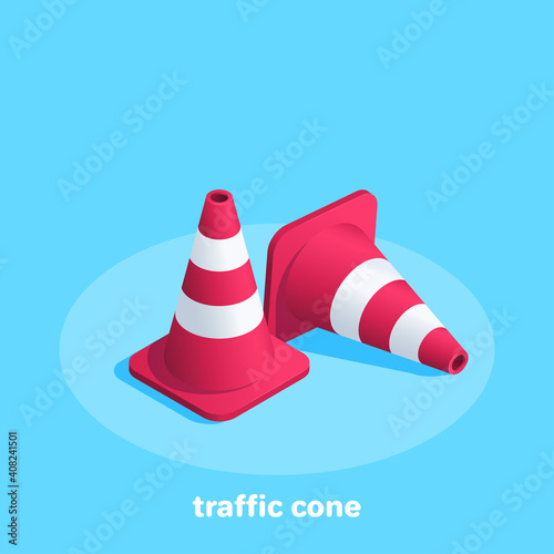 isometric vector illustration..  on a blue background, two red traffic cones, renovation work in progress