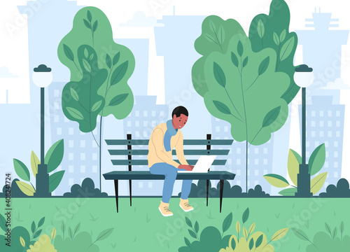 A young freelance guy sits on a bench in a spring city park and works at a laptop. Flat vector illustration
