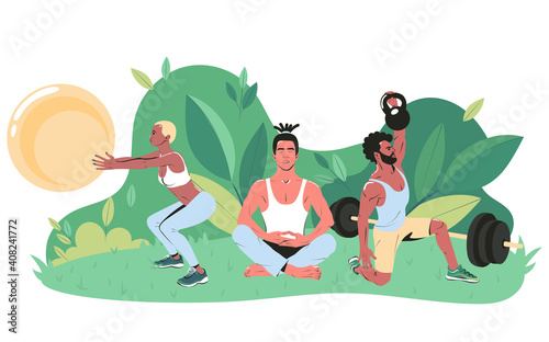 Young people of different nationalities go in for outdoor sports in the park. Flat vector illustration