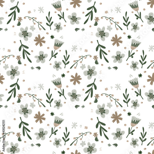 Cartoon isolated seamless pattern with green leaf shapes and flowers print. White backgrouns. Vintage artwork.