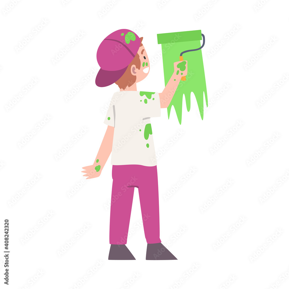 Little Boy in Baseball Cap Holding Paint Roller and Coloring Wall Vector Illustration Little Boy in Baseball Cap Holding Paint Roller and Coloring Wall Vector Illustration