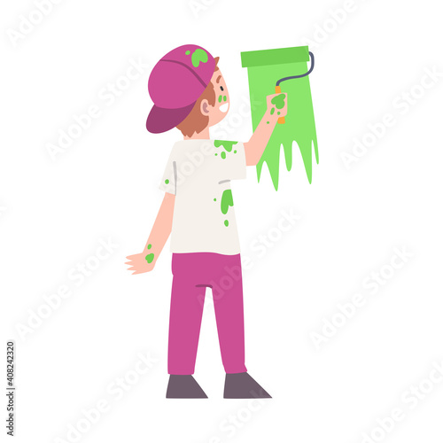 Little Boy in Baseball Cap Holding Paint Roller and Coloring Wall Vector Illustration
