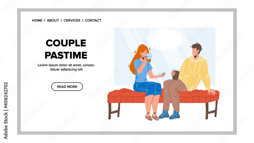 Couple Pastime In Cafeteria Or Restaurant Vector Couple Pastime In Cafeteria Or Restaurant Vector