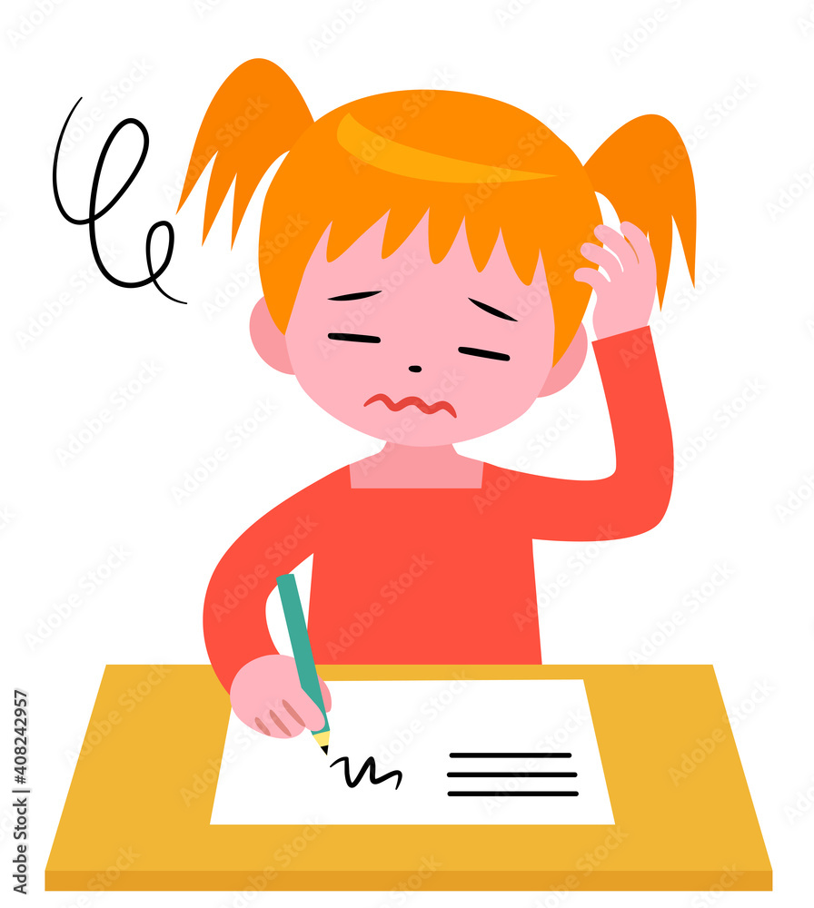 A girl studying and doing school homework holding a pencil A girl studying and doing school homework holding a pencil