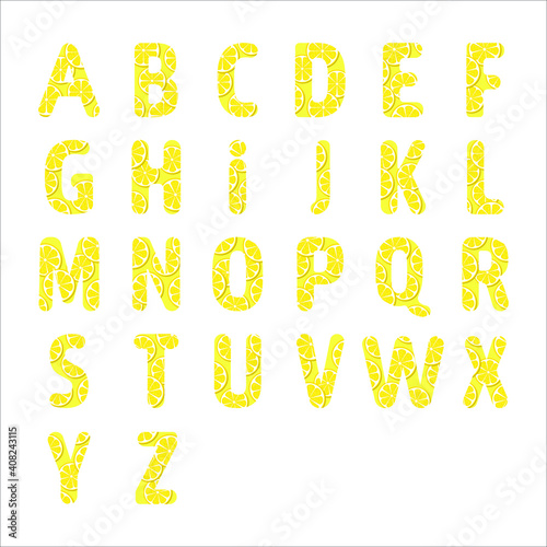 Vector lemon alphabet. Fruit yellow letters design.