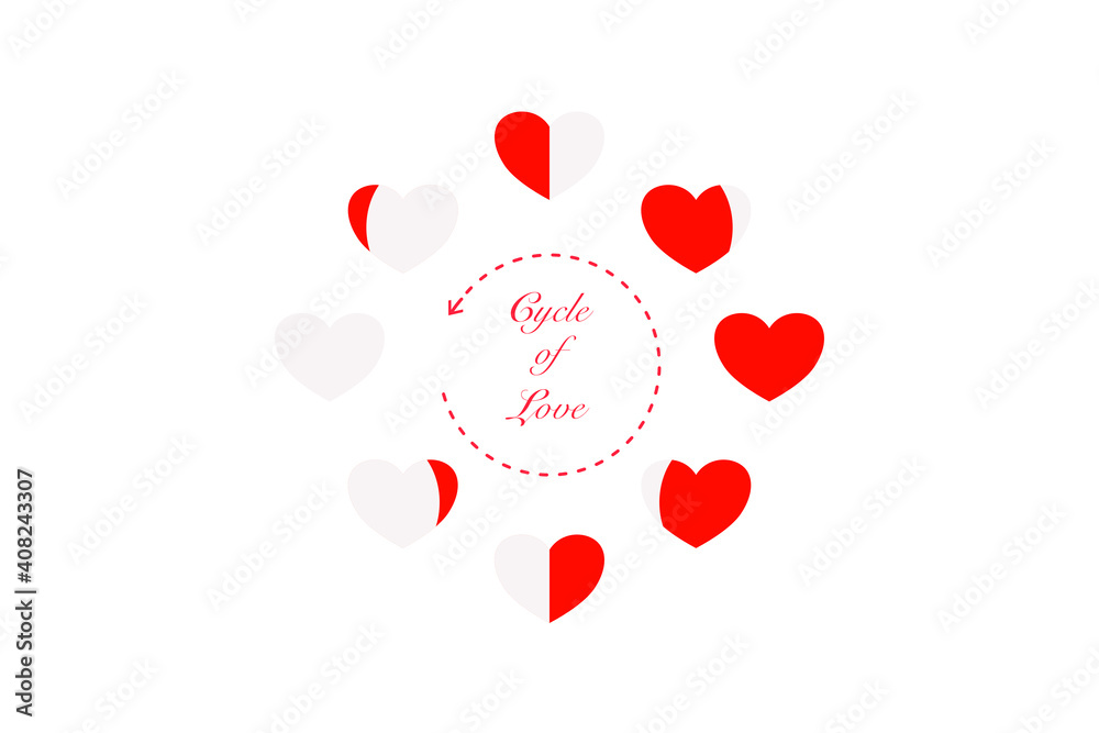 Valentine concept card: Love recycle heart symbols have the step of increasing  and decreasing red color in the circle loop on white background