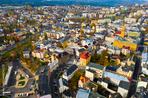 Aerial view of residential districts of Jablonec nad Nisou city in autumn day, Czech Republic © JackF