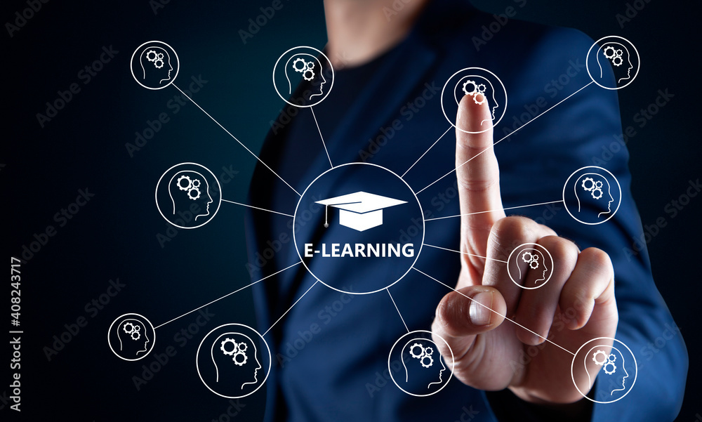 businessman pressing e-learning button businessman pressing e-learning button