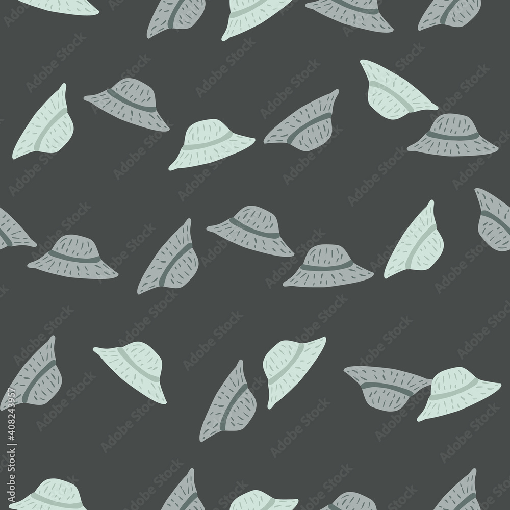 Cartoon seamless accessory pattern with simple panamas print. Dark grey background. Doodle backdrop.