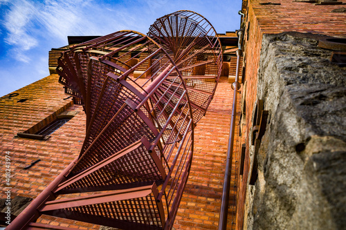 Photography Stockholm, Sweden A spiral staircase and fire escape on the Cedergrenska Tower, built in 1908, by Albert Gotthard Nestor Cedergren (1849-1921)