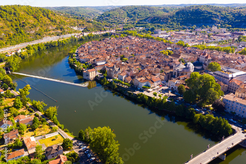 Fly over a picturesque city Cahors and Lot river. Southern France