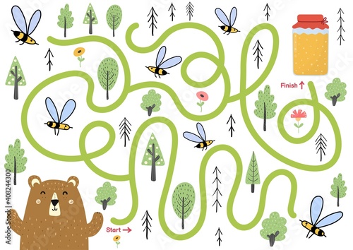 Maze puzzle for kids. Help cute bear find way to honey jar. Activity page with funny forest character.  Mini game for school and preschool. Vector illustration