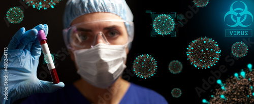 medicine, health and pandemic concept - close up of female doctor or nurse wearing goggles, glove and face protective mask holding beaker with blood test over coronavirus virions on black background