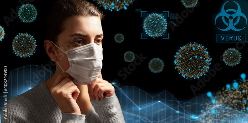 health protection, safety and pandemic concept - sick young woman adjusting protective medical face mask over coronavirus virions on black background