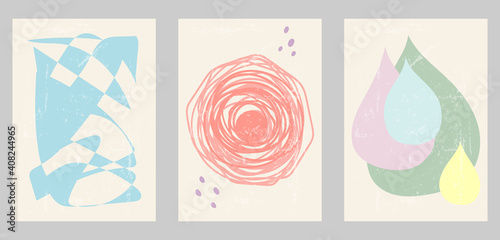 Set of three abstract minimalist backgrounds. Hand-drawn illustrations with dots, doodles, lines, shapes for wall decoration, postcard or brochure, cover design, stories, social media, app design.