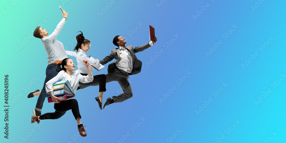 Stars. Happy office workers jumping and dancing in casual clothes or suit isolated on gradient neon fluid background. Business, start-up, working open-space, motion, action concept. Creative collage. Stars. Happy office workers jumping and dancing in casual clothes or suit isolated on gradient neon fluid background. Business, start-up, working open-space, motion, action concept. Creative collage.