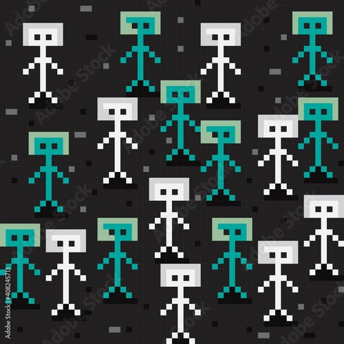 Future generation pixel art. Characters pixel art. Robot picture. Pattern vector background.