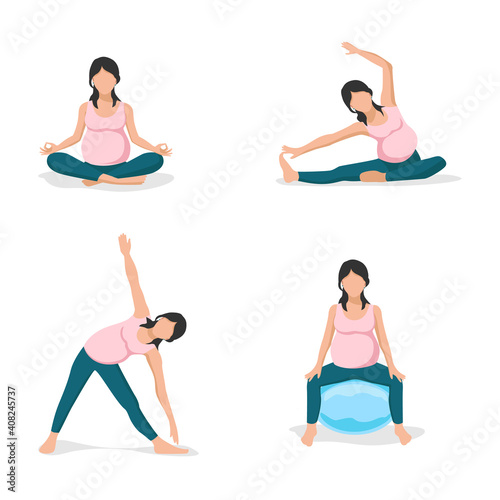 Young pregnant woman goes in for sports. Yoga, gymnastics and exercise with a fitball for pregnant women. Set of flat vector illustrations.