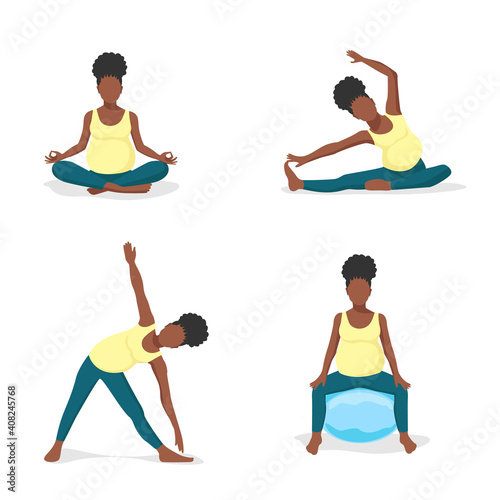 Black pregnant woman goes in for sports. Yoga, gymnastics and exercise with a fitball for pregnant women. Set of flat vector illustrations.