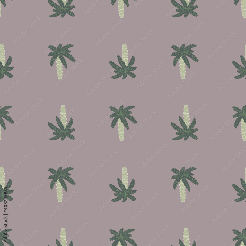 Pale palette seamless pattern with grey colored palm tree ornament. Lilac pastel background. Doodle style.