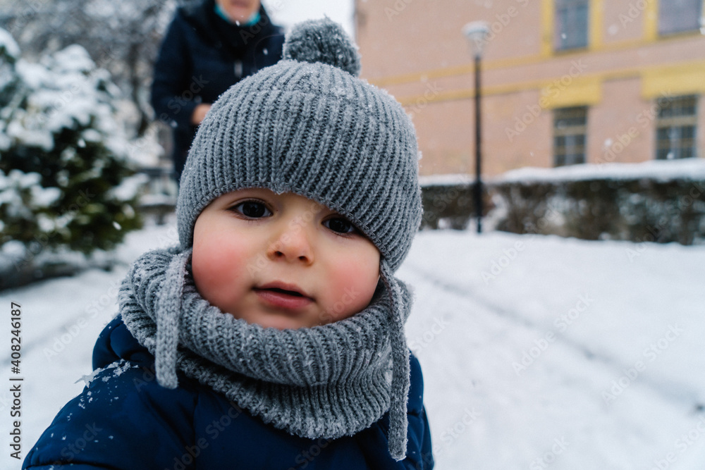 winter close up outdoor portrait of adorable dreamy baby winter close up outdoor portrait of adorable dreamy baby