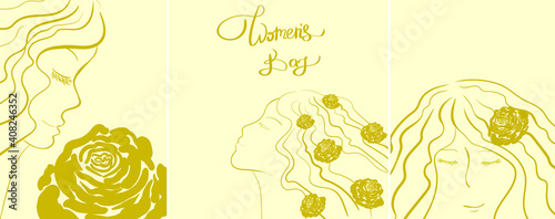Woman on a background of roses and an inscription, three separate pictures.
