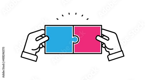 Hands holding two jigsaw puzzle pieces together to find a solution.Theory and practice concept. Flat design vector illustration