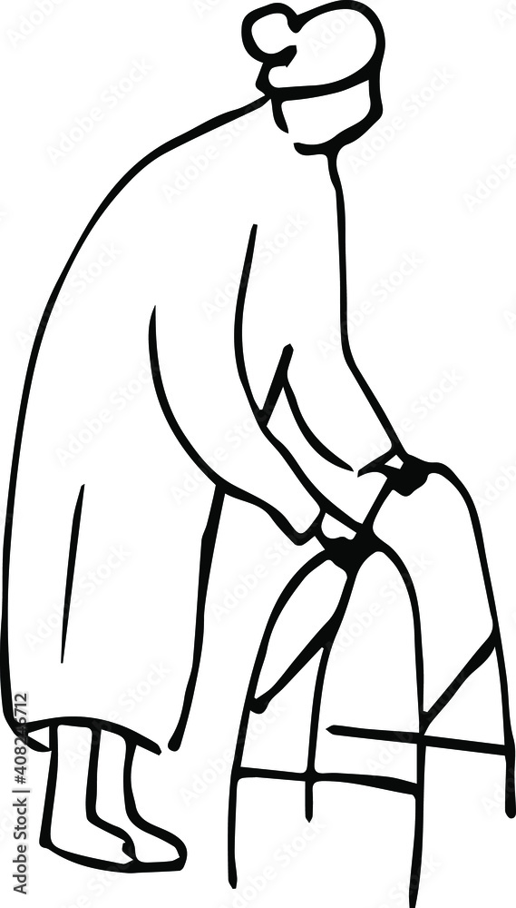 Grandmother stands leaning on a walker for the disabled. Vector sketch.