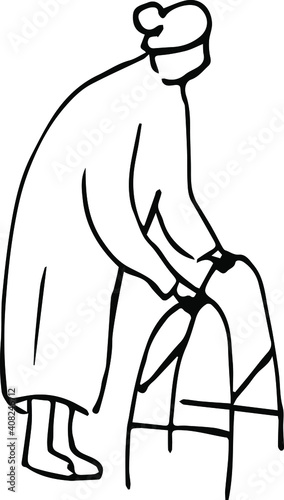 Grandmother stands leaning on a walker for the disabled. Vector sketch.