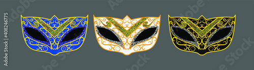 Collection of carnival masks with openwork delicate golden decoration. 