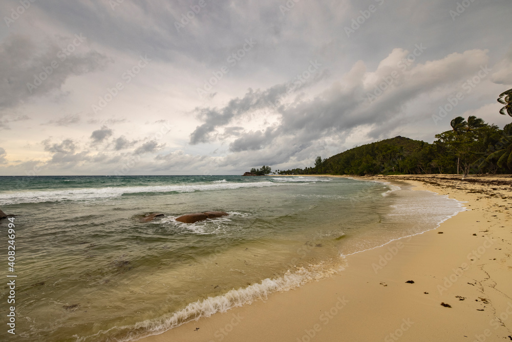 Stormy beach scenes on Praslin Island, Seychelles