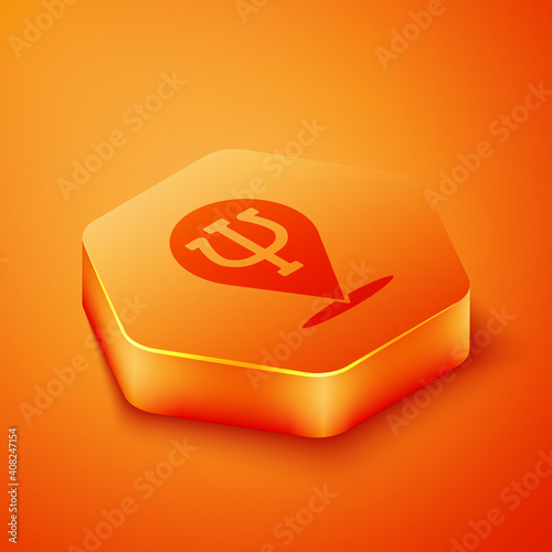 Isometric Psychology icon isolated on orange background. Psi symbol. Mental health concept, psychoanalysis analysis and psychotherapy. Orange hexagon button. Vector.