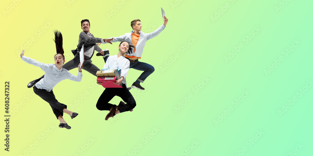 Fototapeta premium Green. Happy office workers jumping and dancing in casual clothes or suit isolated on gradient neon fluid background. Business, start-up, working open-space, motion, action concept. Creative collage.