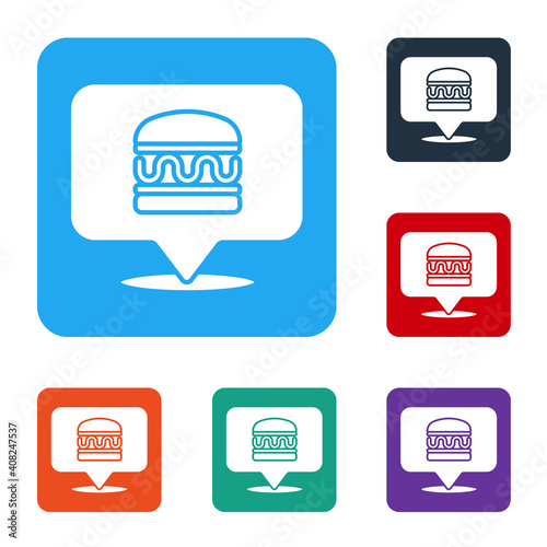 White Online ordering and burger delivery icon isolated on white background. Set icons in color square buttons. Vector.