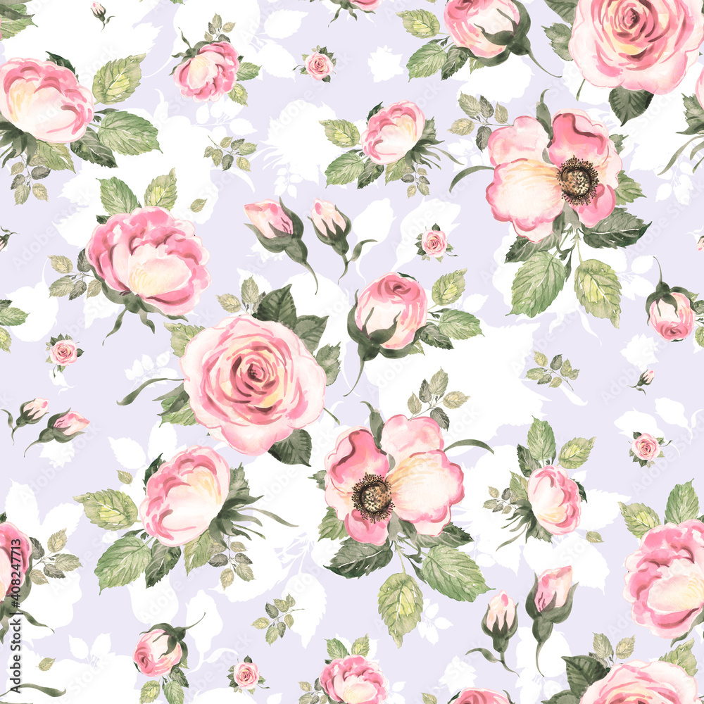  Abstract seamless lovely pattern drawn blooming roses with foliage