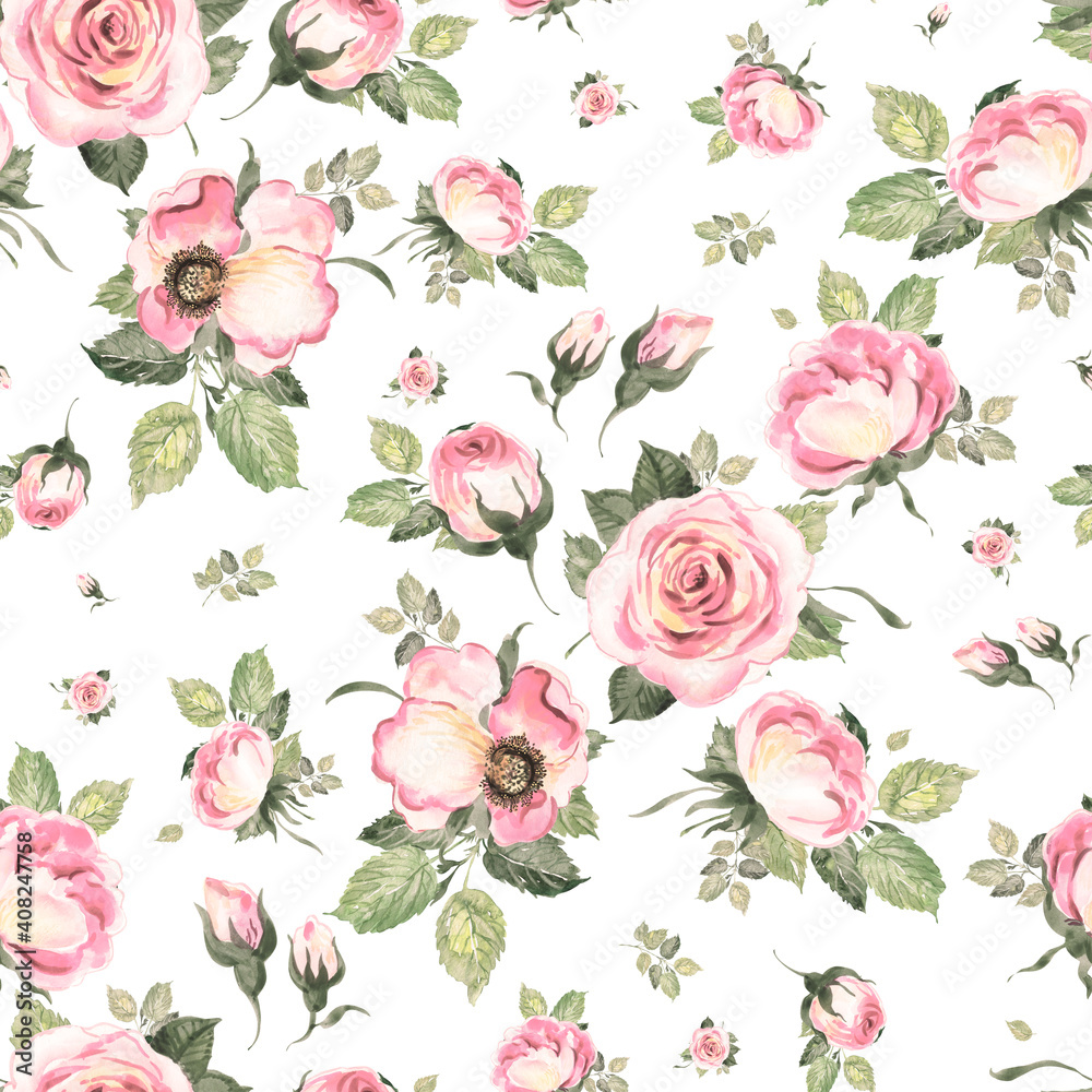  Abstract seamless lovely pattern drawn blooming roses with foliage