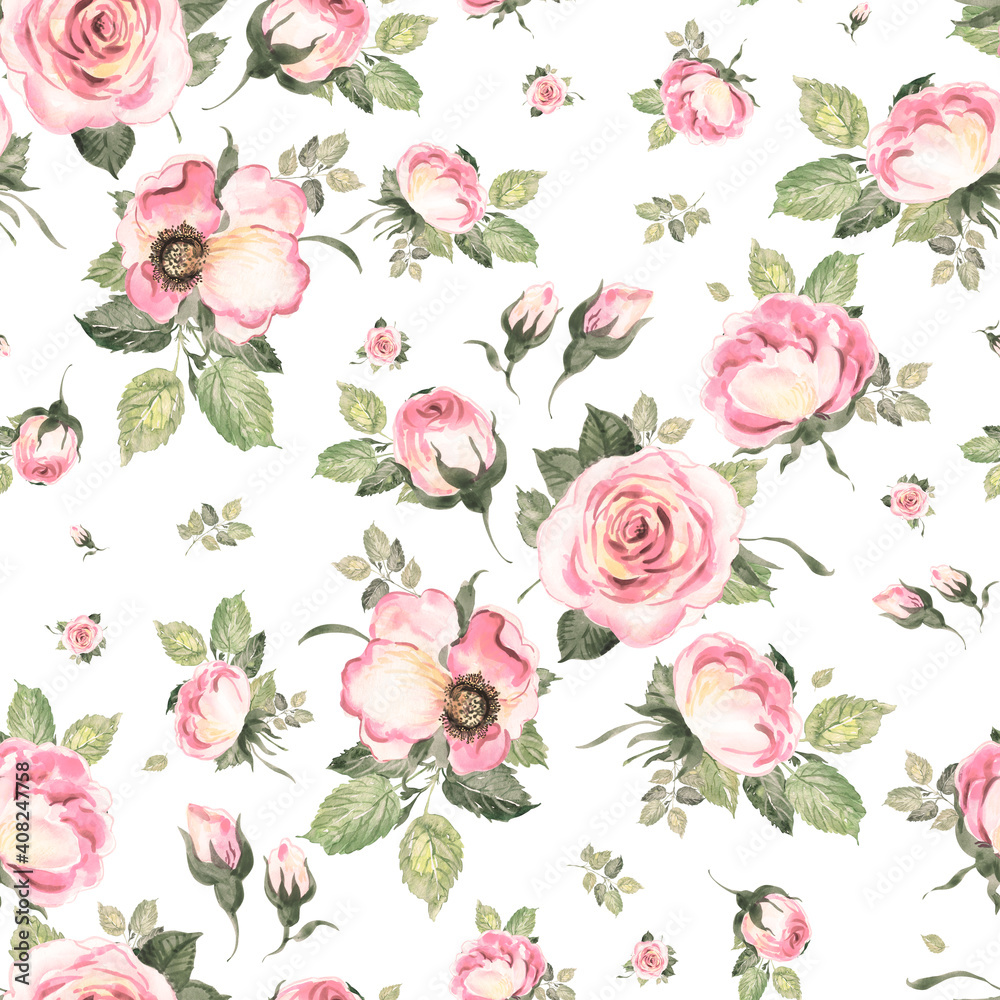 Abstract seamless lovely pattern drawn blooming roses with foliage Abstract seamless lovely pattern drawn blooming roses with foliage