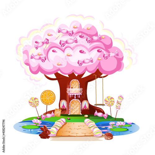 Fairy tale house in a candy tree with a door made of waffles, windows, a balcony and a swing. Fairy tale vector illustration.