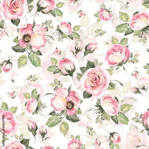 Wallpaper Mural  Abstract seamless lovely pattern drawn blooming roses with foliage Torontodigital.ca