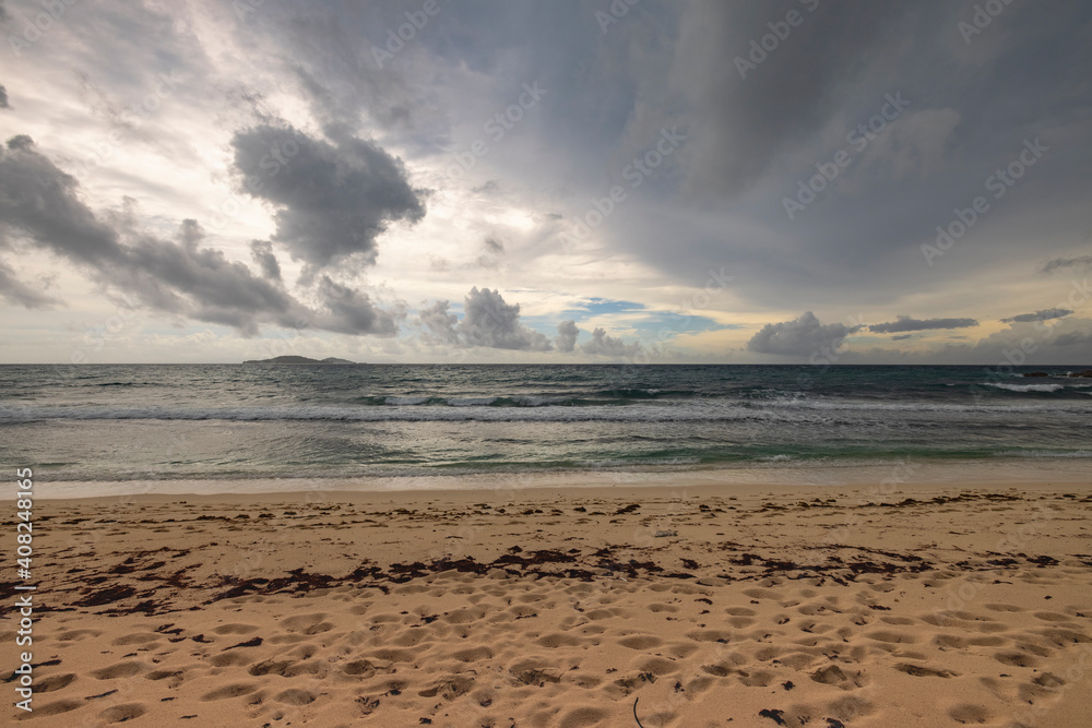 Stormy beach scenes on Praslin Island, Seychelles