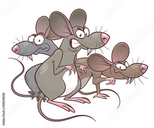 Mice pest cartoon illustration. Group of three cartoon mice. Cartoon pest mouse series.