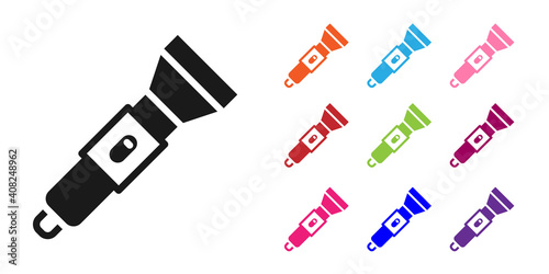 Black Flashlight icon isolated on white background. Set icons colorful. Vector.
