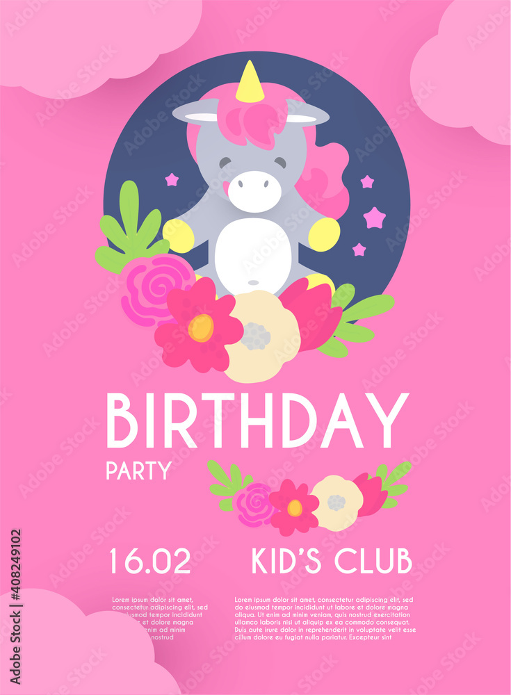 Kid birthday flyer template. Cute Unicorn with clouds and flowers