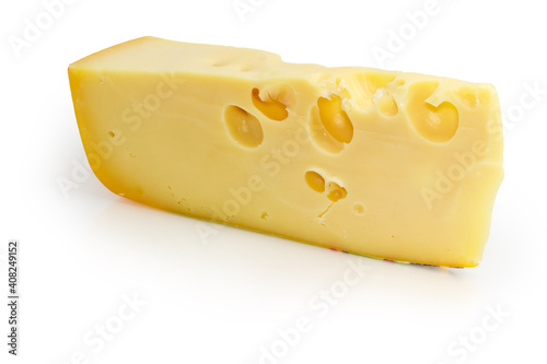 Piece of Swiss-type cheese on a white background