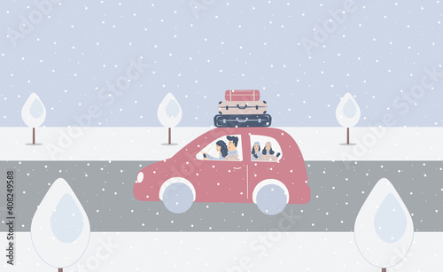 Fantasy cute winter landscape.Family car trip with suitcases.Parents and children are travelling.Trendy fashion trees in minimalist flat design style. Raster illustration.Soft colours.It is snowing