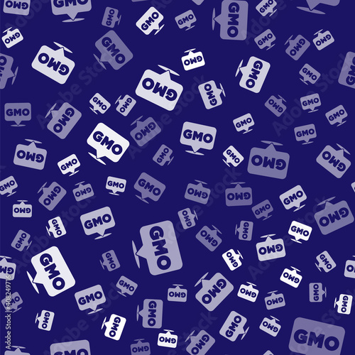 White GMO icon isolated seamless pattern on blue background. Genetically modified organism acronym. Dna food modification. Vector.