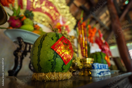 Photos Close up of a watermelon on the altar of ancestors during Tet holidays in Vietnam
